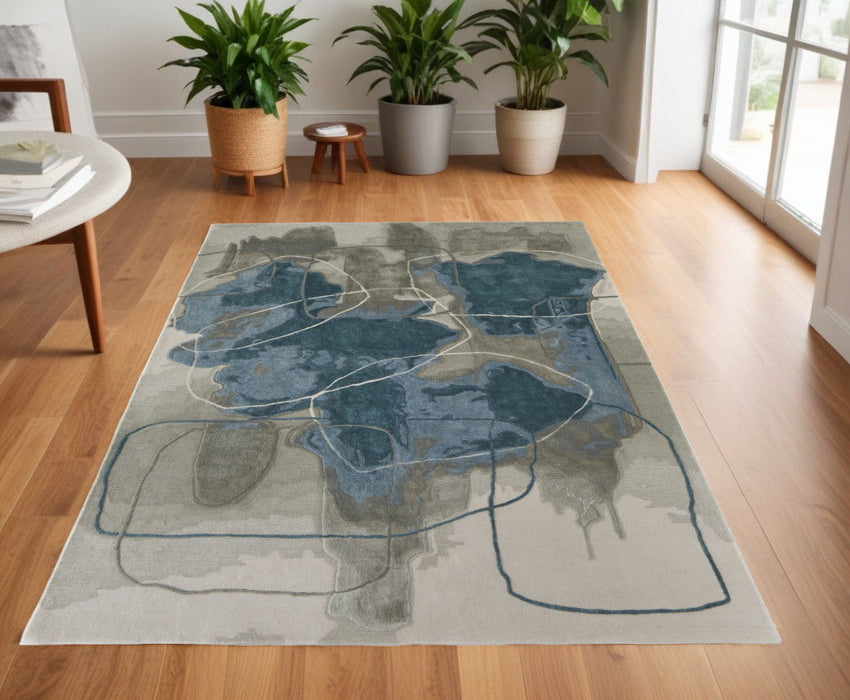 4' x 6' Abstract Hand Tufted Area Rug, Wool Blend - Blue And Gray