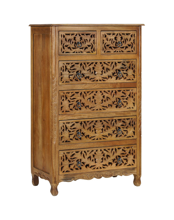 Carved Floral Solid Wood Six Drawer Dresser - Brown
