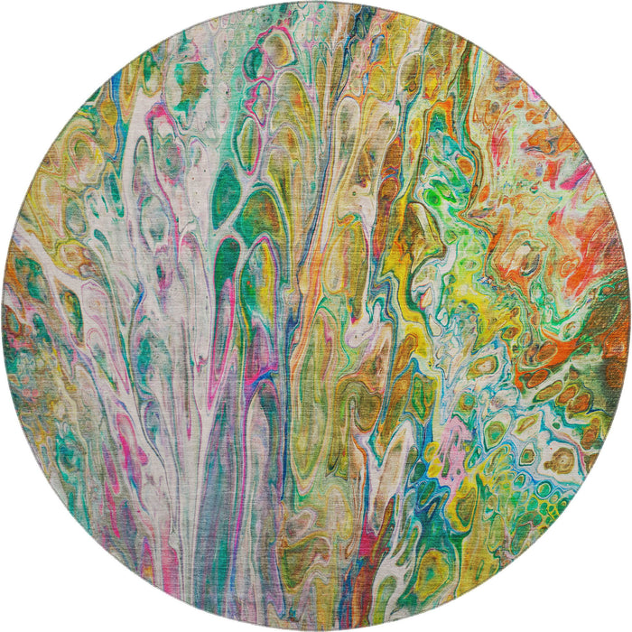 8' Abstract Washable Round Rug With UV Protection (650935) - Green / Gold / Teal