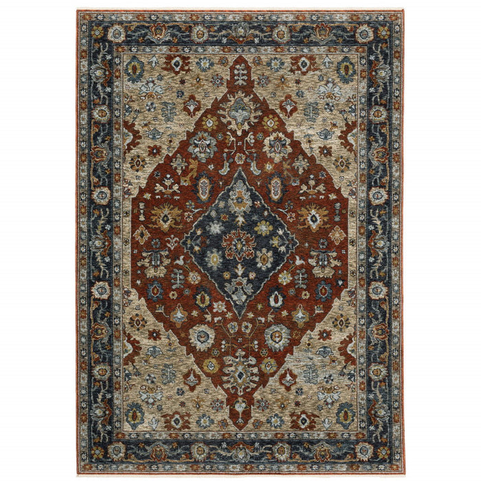 7.9' x 11.2' Oriental Power Loom Area Rug With Fringe - Blue Orange And Beige
