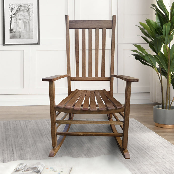 Giga balcony porch adult rocking chair with wooden armrests and slatted back, perfect for outdoor relaxation on a porch or balcony.