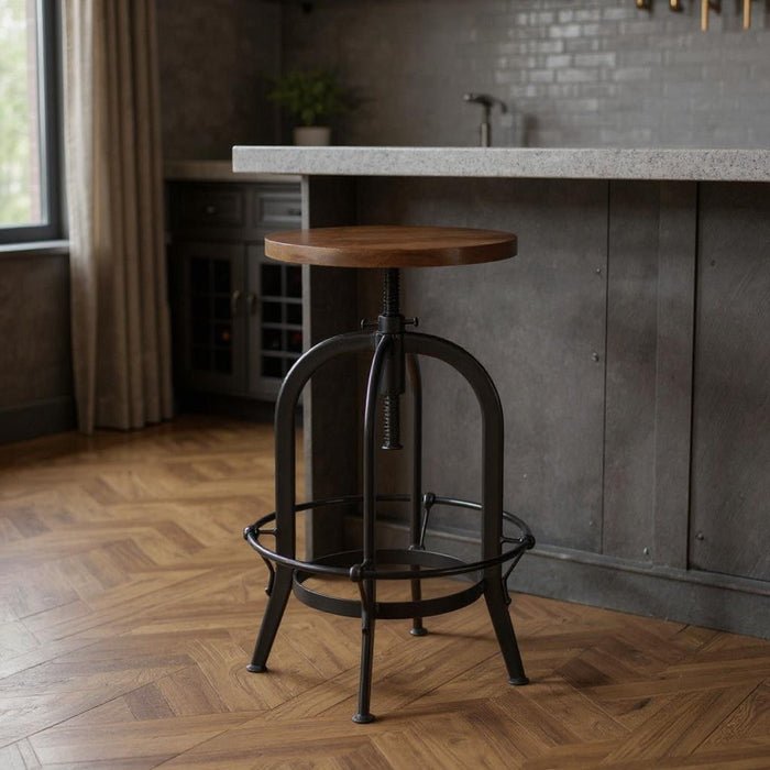 Solid Wood And Metal Backless Adjustable Height Swivel Bar Chair - Brown / Black