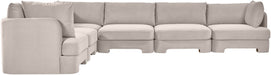 Velvet performance fabric Meridian Furniture corner sectional sofa with six pieces, featuring plush upholstery and modern design.