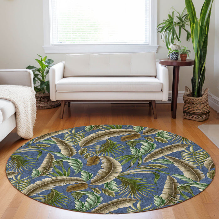 8' Geometric Washable Round Rug With UV Protection - Blue And Brown