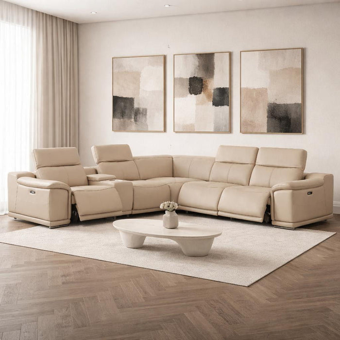 Leather Modular L-Shaped Six Piece Corner Sectional With Console - Beige