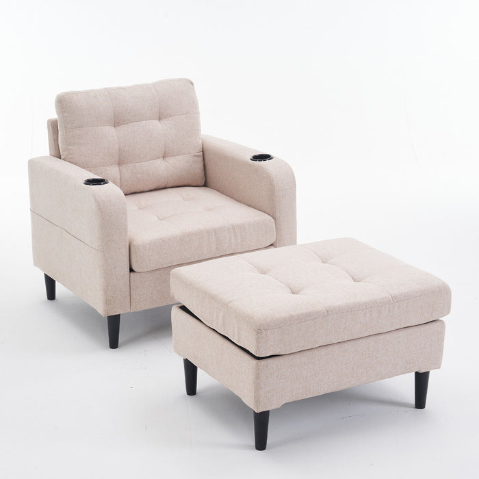 Giga upholstered armchair and storage ottoman set with tufted detailing, cup holders, in a cozy living room or bedroom setting.