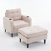 Giga upholstered armchair and storage ottoman set with tufted detailing, cup holders, in a cozy living room or bedroom setting.