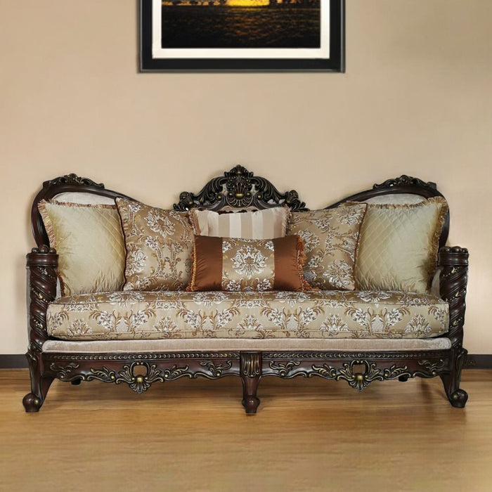 Polyester Blend Floral Sofa And Toss Pillows With Dark Brown Legs - Beige