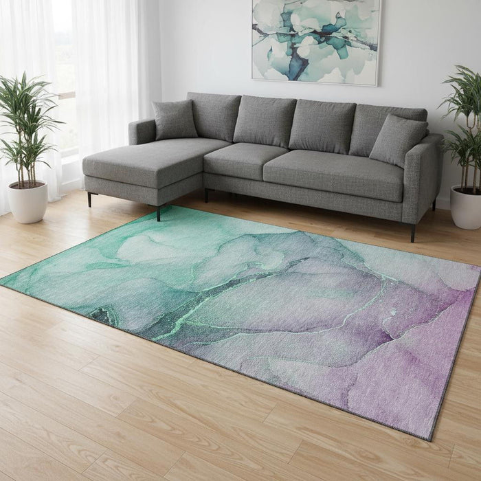 10' X 14' Abstract Washable Area Rug With UV Protection (646894) - Fern Green / Ivory
