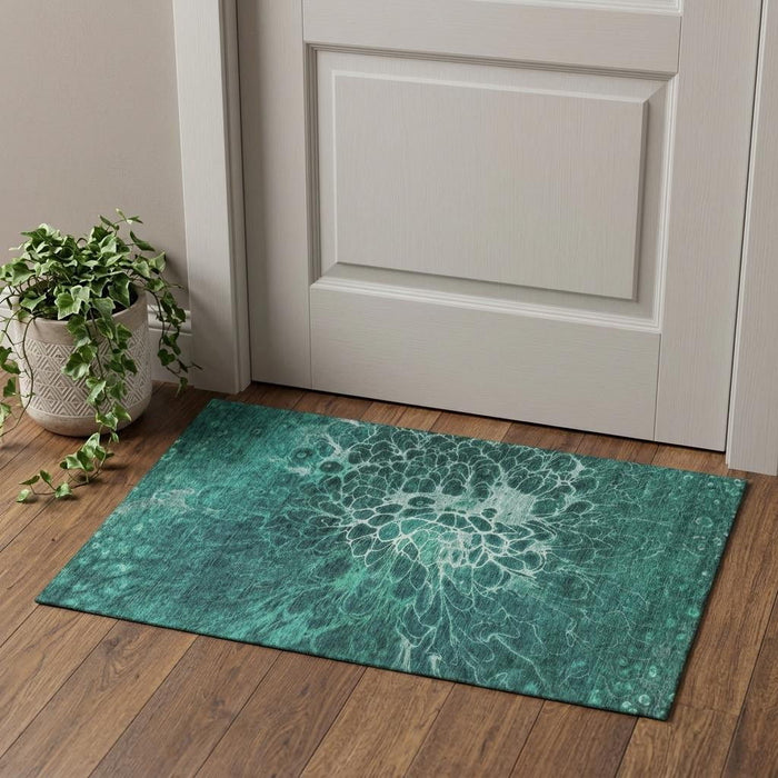 3' X 5' Abstract Washable Area Rug With UV Protection (654585) - Teal / Ivory