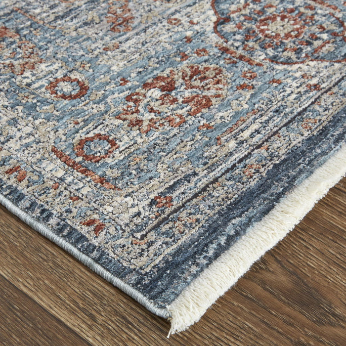 10' Oriental Power Loom Runner Rug With Fringe - Gray Blue And Red