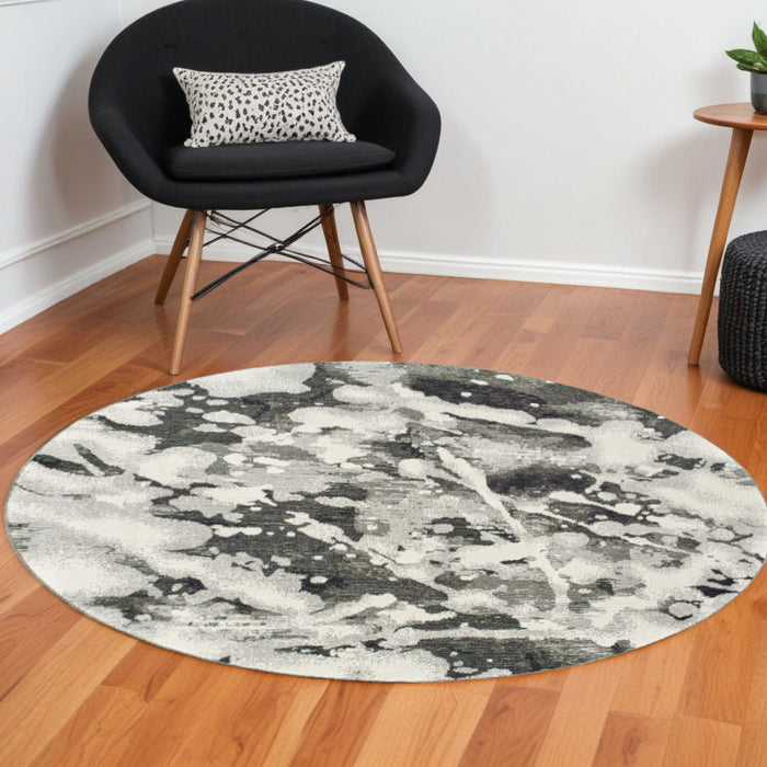 8' Round Abstract Power Loom Area Rug - Gray And White