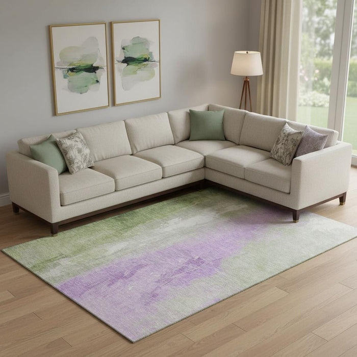 10' X 14' Abstract Washable Area Rug With UV Protection (705521) - Artichoke Green / Lavender