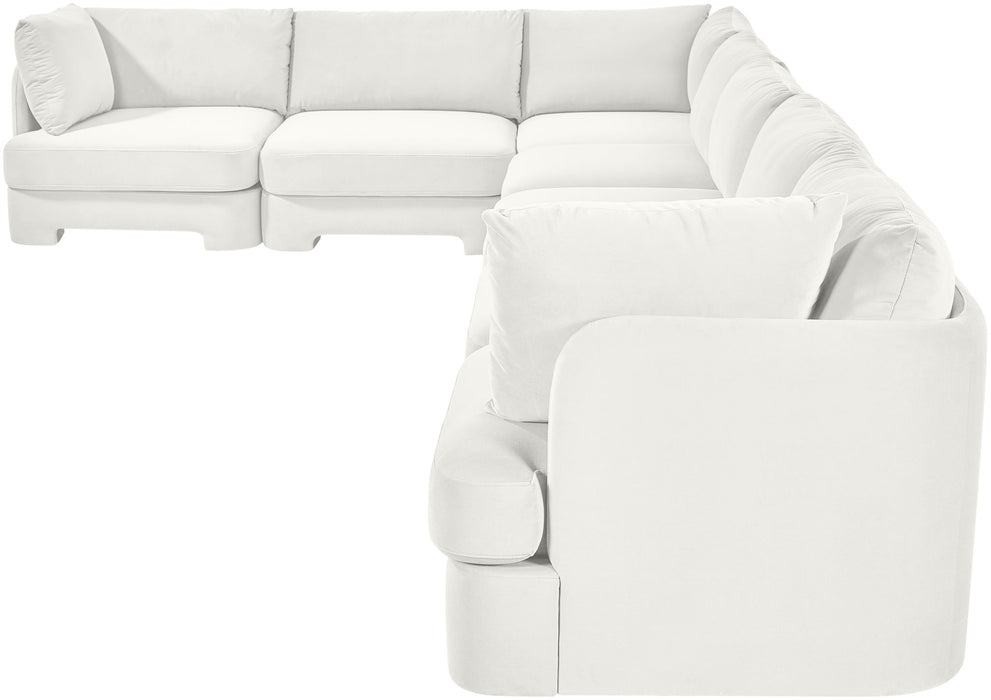 Velvet performance fabric upholstered 7-piece sectional by Meridian Furniture, stationary sectional sofa with plush cushions and modern design