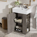 Giga bathroom vanity with sink, freestanding wood grain cabinet featuring storage drawers and a modern design.
