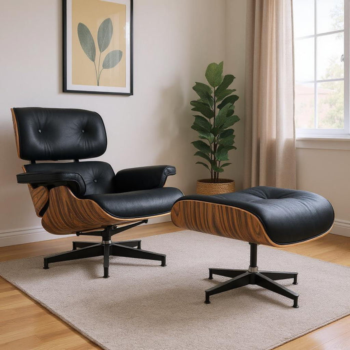 27" Tufted Genuine Cowhide Swivel Lounge Chair With Ottoman - Black / Light Brown