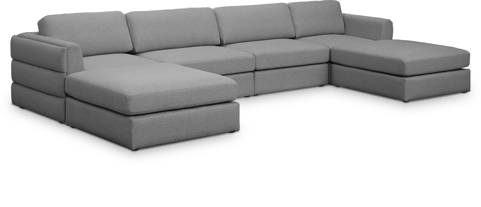 Beckham Meridian Furniture 6-piece double chaise modular sectional with plush cushions and modern design in a stylish living room setting.
