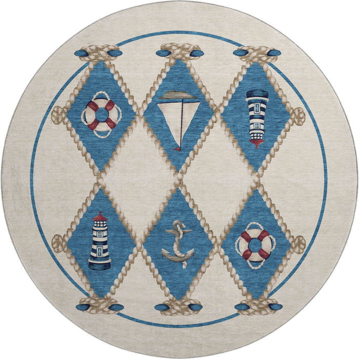 8' Nautical Washable Round Rug With UV Protection - Ivory And Red