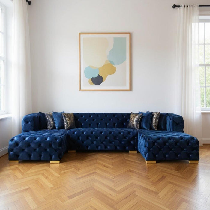 Tufted Velvet Modular U Shaped Sofa Chaise Sectional With Toss Pillows - Blue