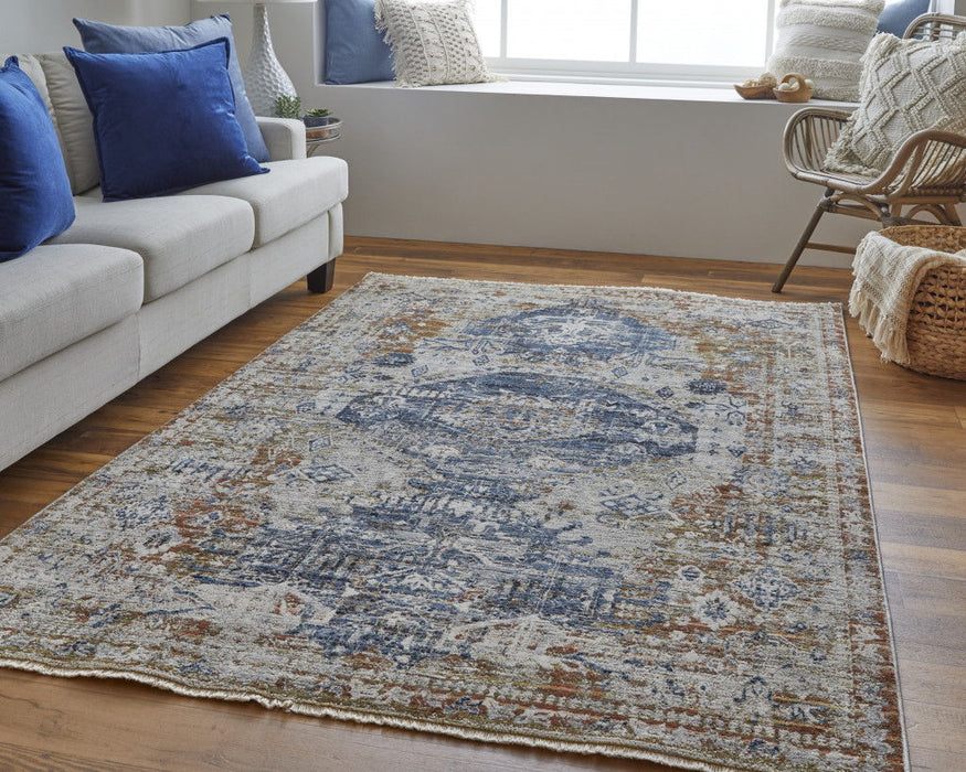 12' x 15' Floral Power Loom Distressed Area Rug With Fringe - Ivory Orange And Blue