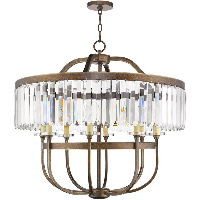 HomeRoots 30-inch metal chandelier with eight lights, bronze finish, clear shades, dimmable for elegant lighting.