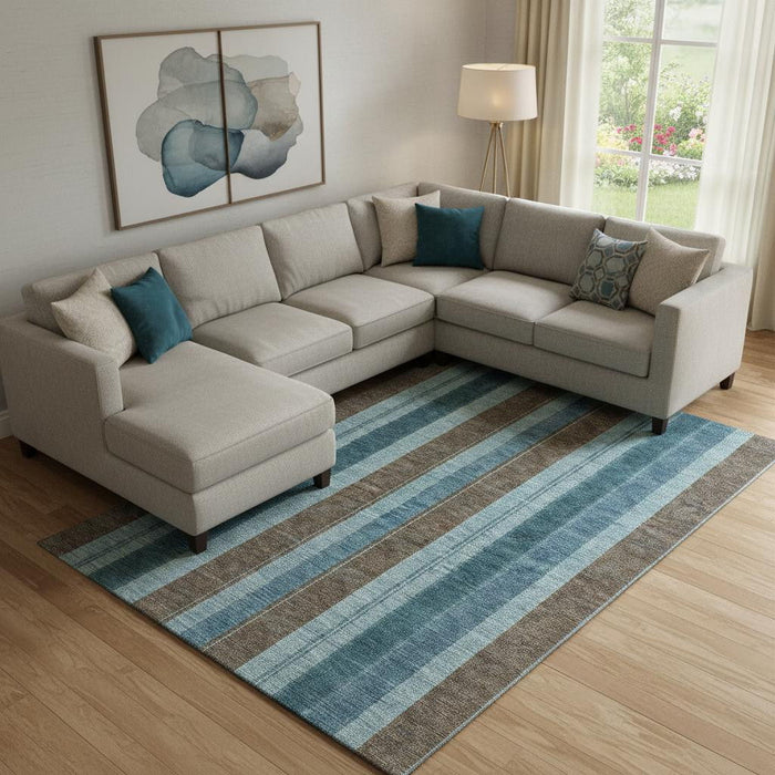 10' X 14' Striped Washable Area Rug With UV Protection (709282) - Teal / Brown