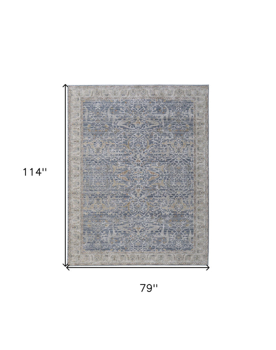 7' x 10' Ikat Power Loom Worn Faded Area Rug With Fringe - Taupe And Blue