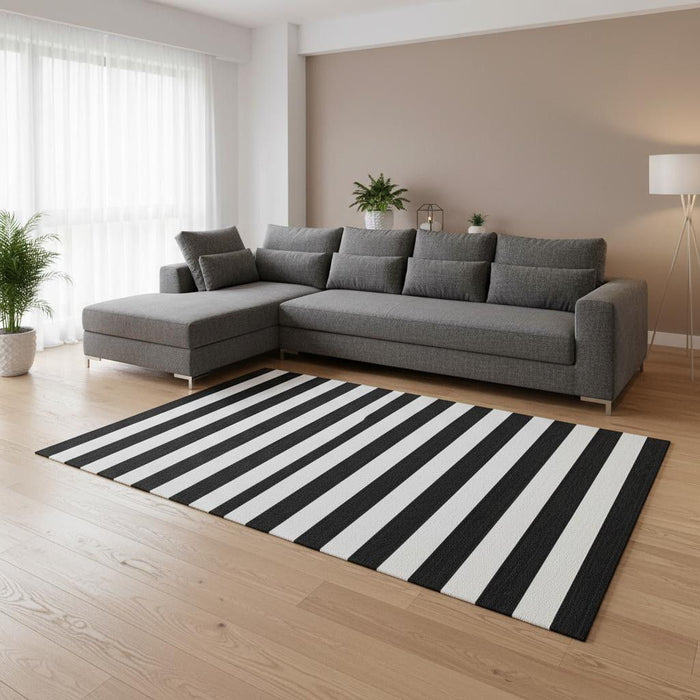 8' X 10' Striped Washable Area Rug With UV Protection (647564) - Black / Ivory