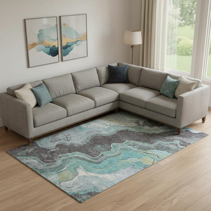 10' X 14' Abstract Washable Area Rug With UV Protection (707725) - Teal / Gray / Ivory