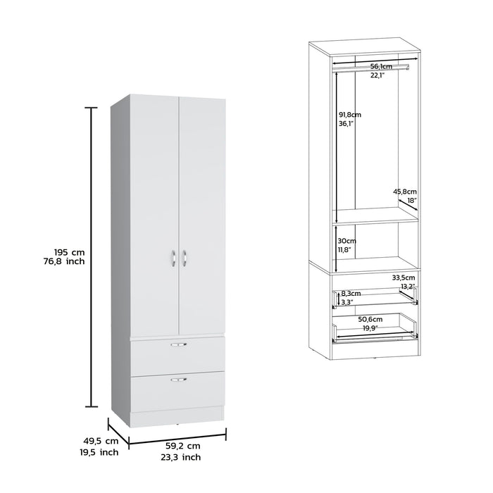 Giga armoire organizer with double doors, two shelves, and a hanging rod for clothing storage.
