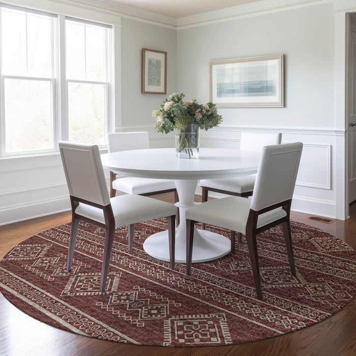 8' Tribal Washable Round Rug With UV Protection - Burnt Sienna And Ivory