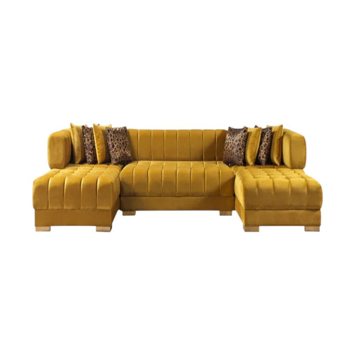 Mustard Velvet U-Shaped Three Piece Sofa Chaise Sectional With Toss Pillows - Mustard