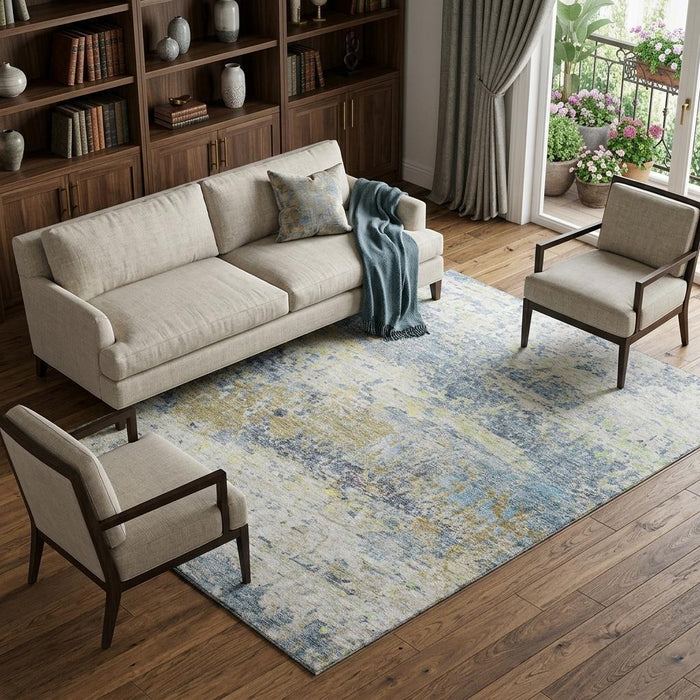 10' X 14' Abstract Washable Area Rug With UV Protection (685415) - Blue / Gold / Beige