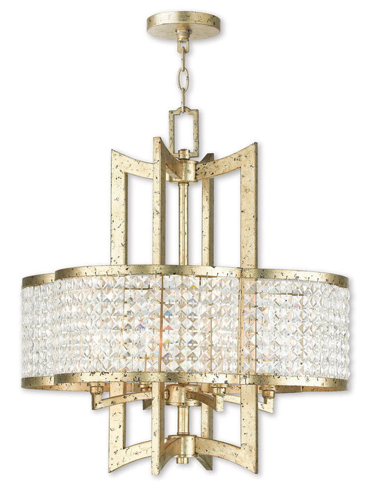 HomeRoots 24-inch gold metal chandelier with four clear shades, dimmable lighting, and elegant design for modern interiors.