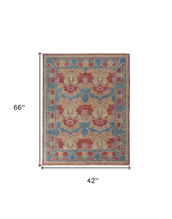 4' x 6' Wool Oriental Hand Knotted Area Rug - Blue Red And Yellow