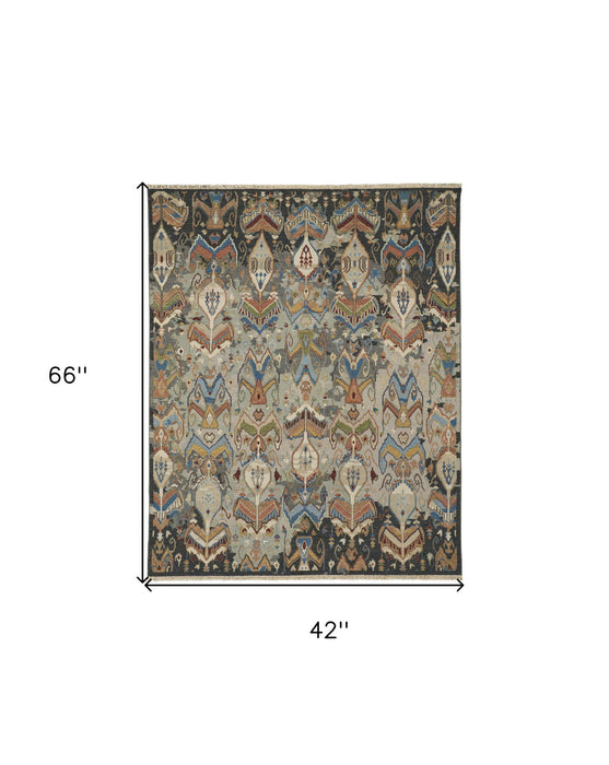 3.5' x 5.5' Wool Ikat Hand Knotted Area Rug With Fringe - Blue Gray And Brown