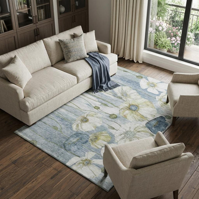 10' X 14' Floral Washable Area Rug With UV Protection (657299) - Blue / Ivory / Gold