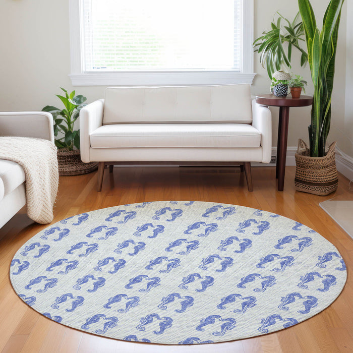 8' Coastal Geometric Washable Round Rug With UV Protection - Blue And Ivory