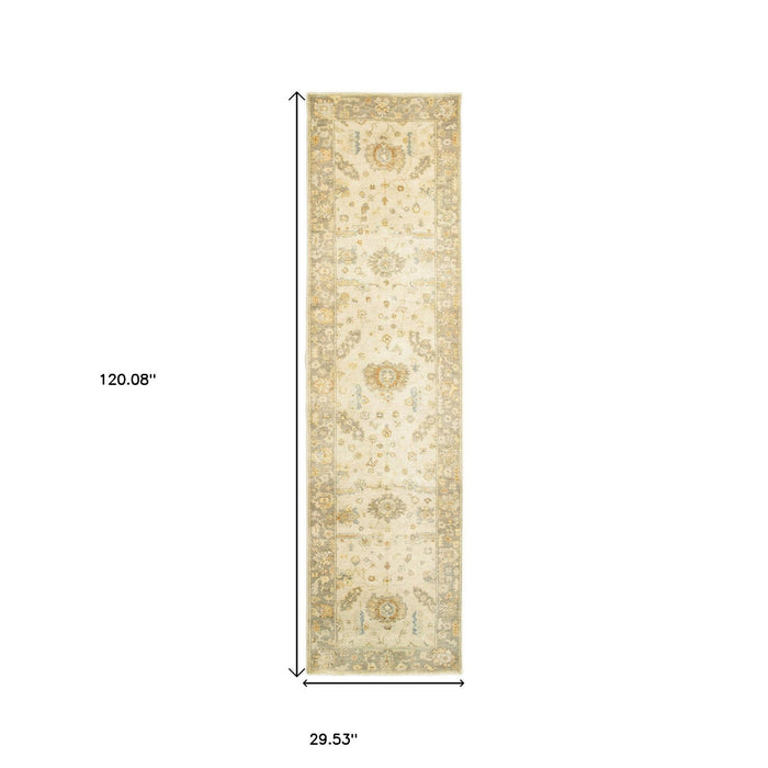 10' Wool Oriental Hand Knotted Runner Rug - Beige And Gray
