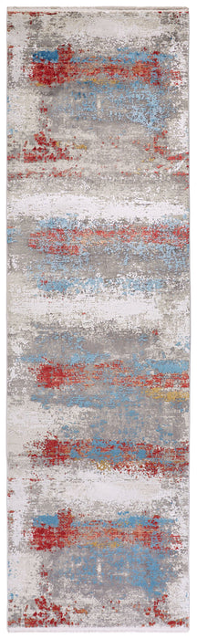 10' Industrial Abstract Power Loom Viscose Runner Rug With Fringe - Gray / Red