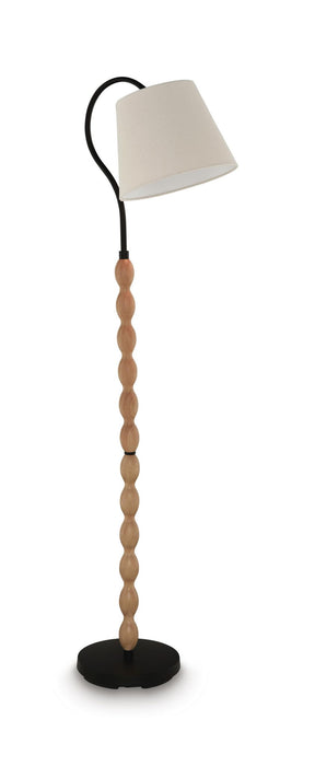 Corinwell wood floor lamp by Signature Design Ashley with a brown and black finish, standing tall with a modern design.