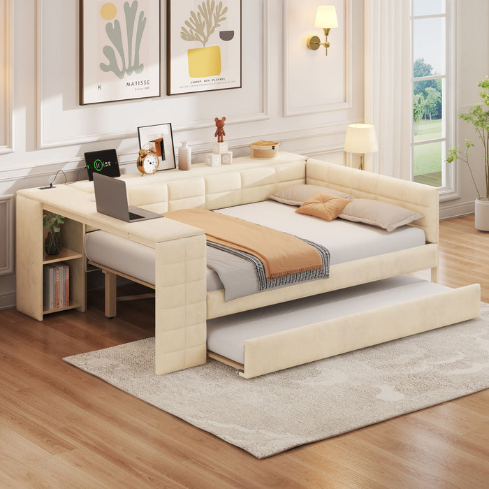 Giga upholstered platform bed with integrated storage shelves, desk, charging station, and trundle for versatile bedroom organization.
