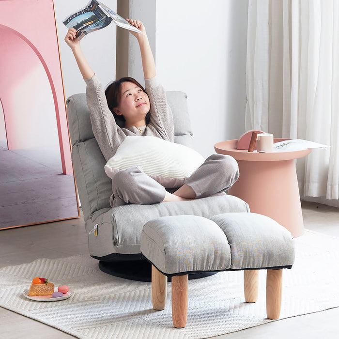 Giga adjustable Japanese reclining floor chair with metal frame, featuring plush upholstery and a matching ottoman for living room comfort.