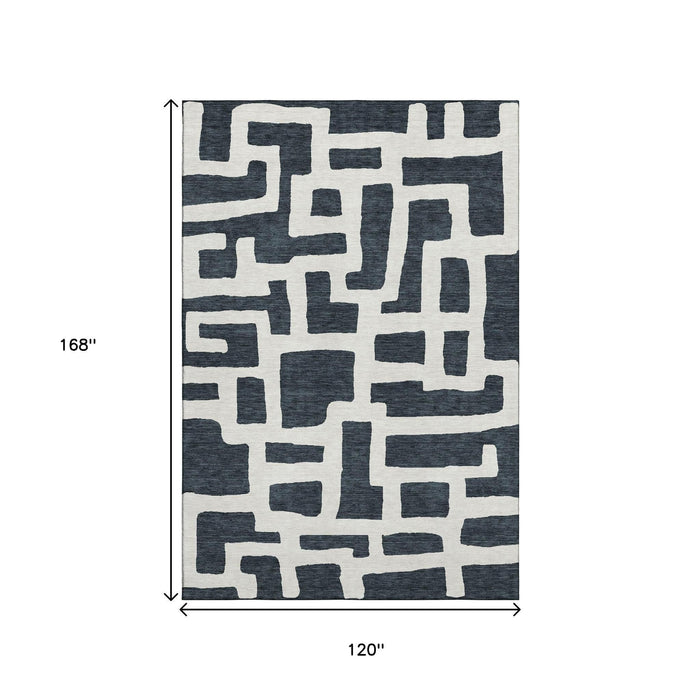 10' X 14' Abstract Geometric Washable Area Rug With UV Protection (671774) - Black / Ivory