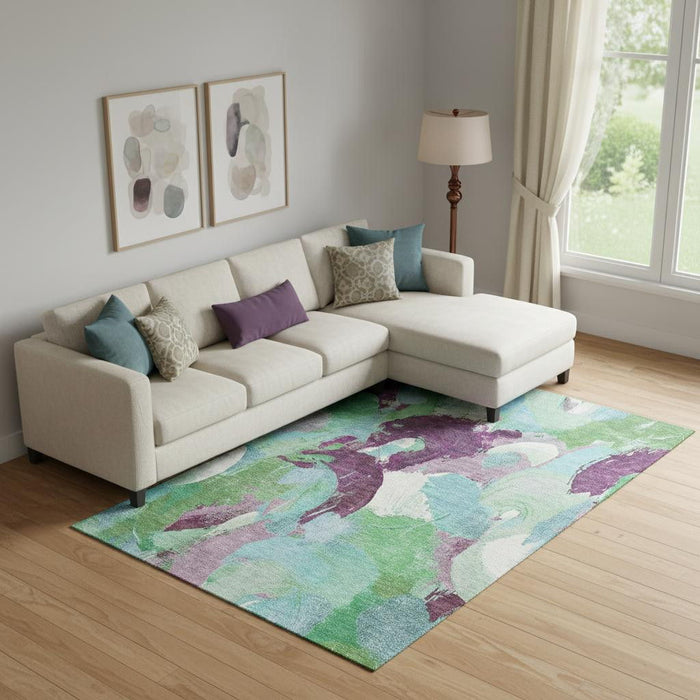 10' X 14' Abstract Washable Area Rug With UV Protection (709606) - Teal / Purple / Green