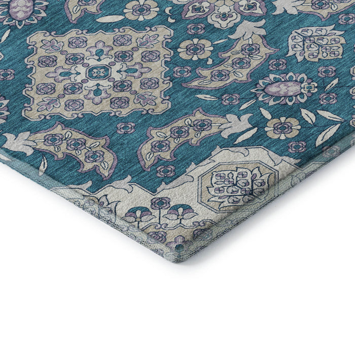 10' X 14' Floral Medallion Washable Area Rug With UV Protection (705875) - Teal / Ivory