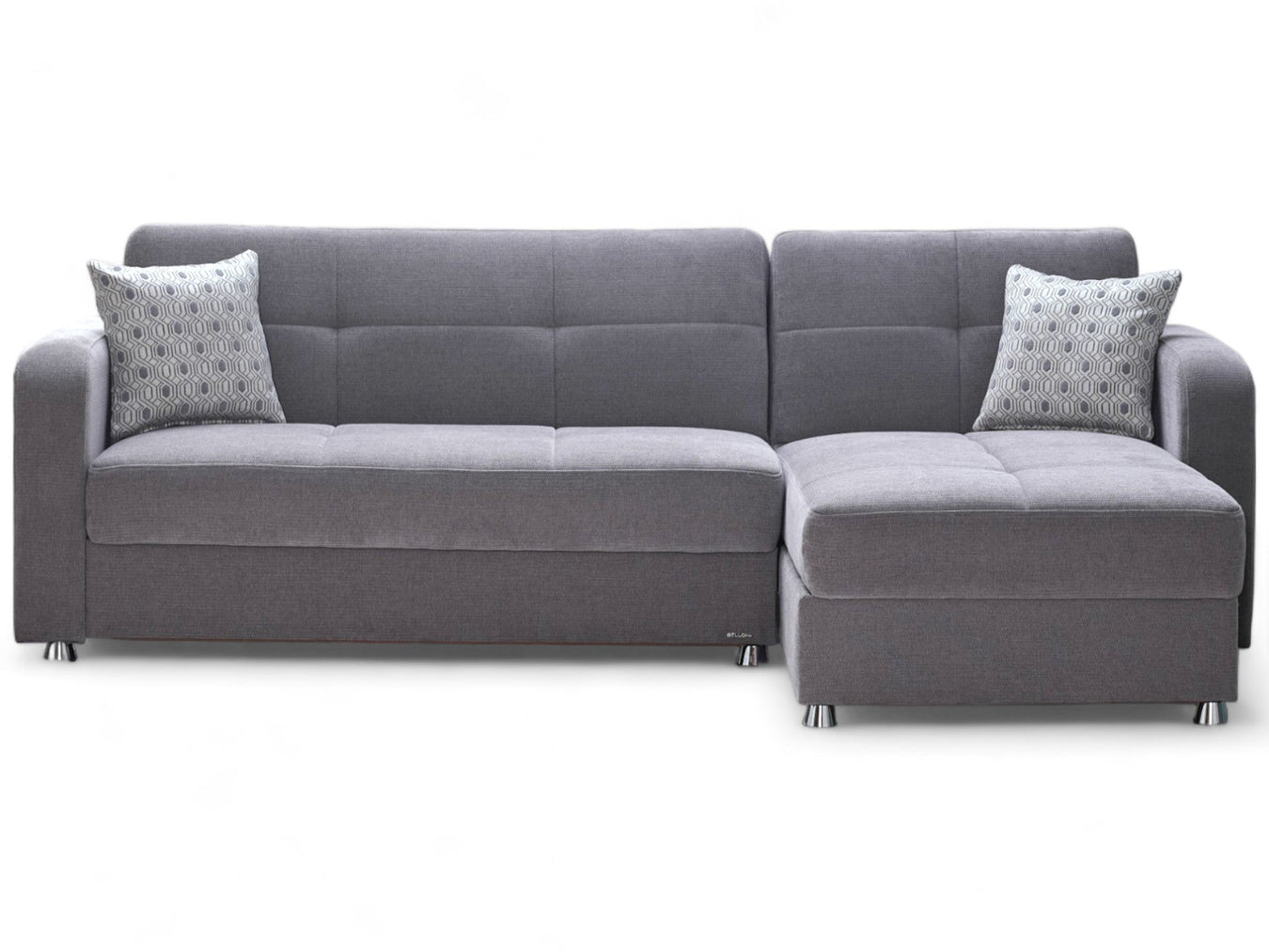 Bellona Vision S 101-inch grey sleeper sectional sofa showing plush fabric and modern design with multiple seating areas.