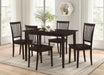 CoasterEveryday Gomez 5-piece rectangular dining table set with cappuccino finish, includes table and matching chairs, modern furniture design.