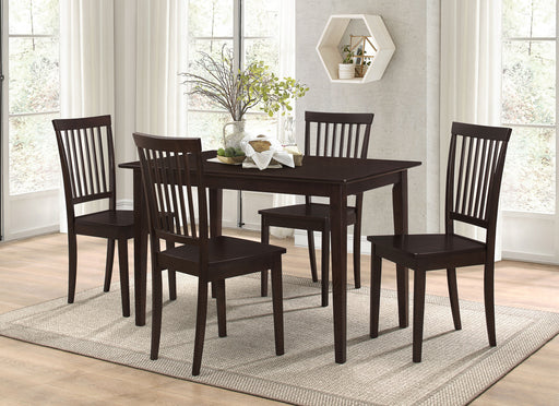 CoasterEveryday Gomez 5-piece rectangular dining table set with cappuccino finish, includes table and matching chairs, modern furniture design.