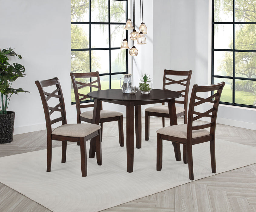CoasterEveryday Barton 5-piece round wood dining table set in dark brown with matching chairs and sturdy wooden construction.